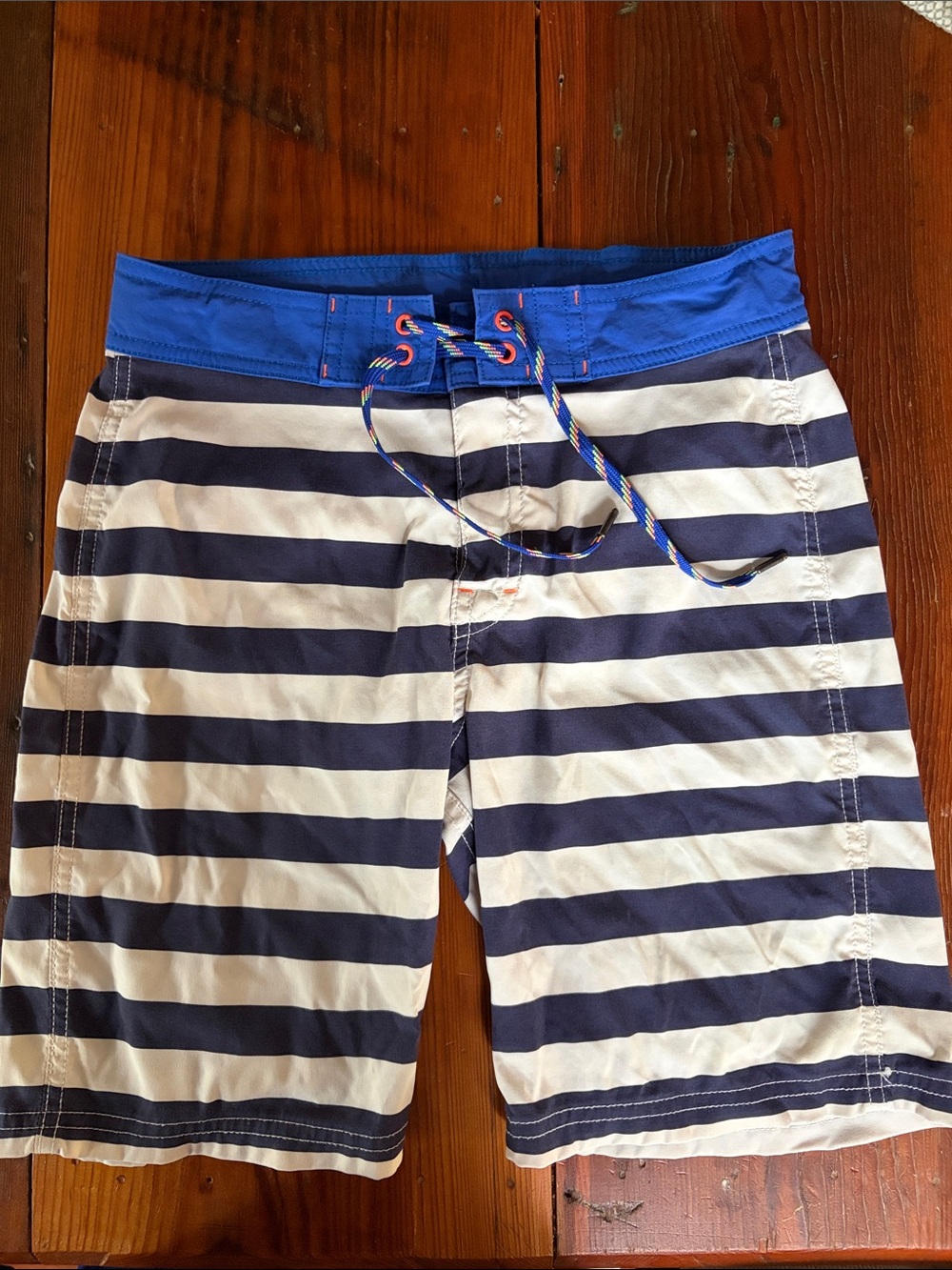 J. Crew Crewcuts Navy & White Striped Swim Trunks Shorts, Neon Accents Size 10